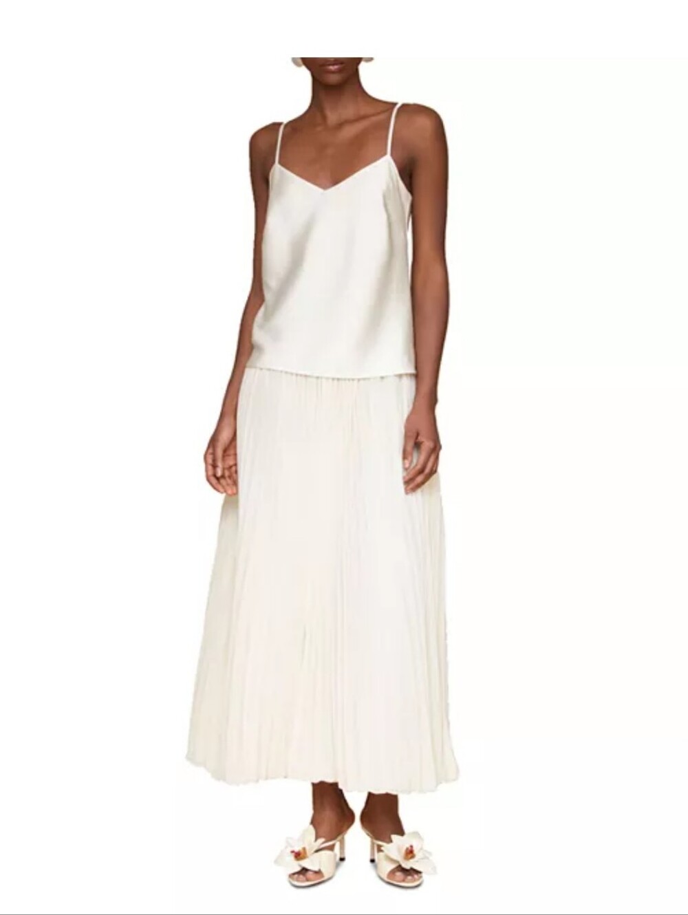 Avec Les Filles Cream Pleated Maxi Dress Size 4 Spaghetti Strap Layered Midi NWT
